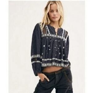 NWOT Free People All Roads Lead To You Linen & Cotton Embroidered Crochet Blouse